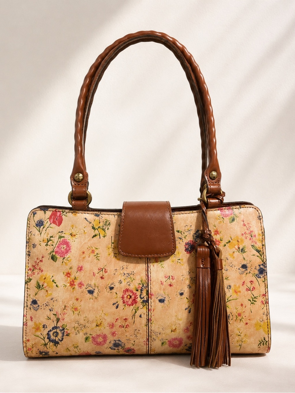 Patricia Nash Rienzo Prairie Rose Floral Leather Tan and Brown Shoulder Handbag